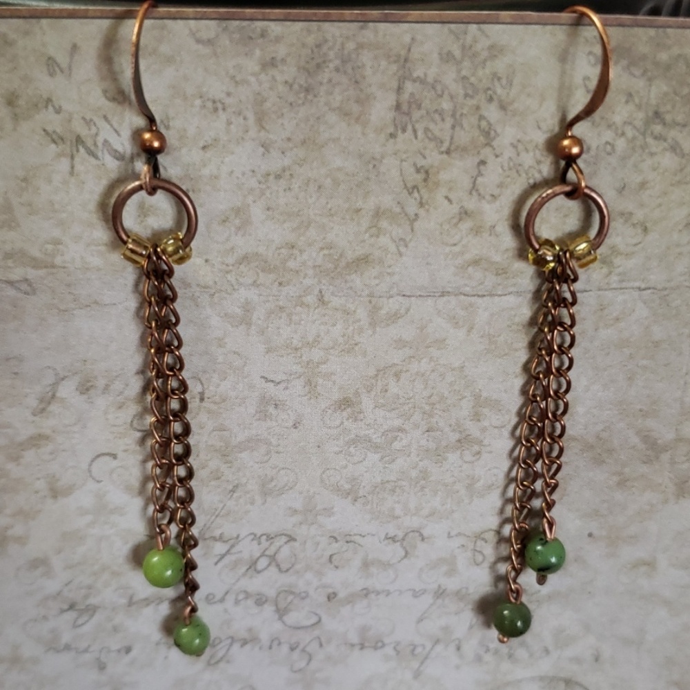 Artisan made antique copper,citrine,jade earrings